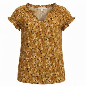 Suzanne Betro Weekend Mustard Floral Short-Sleeve Blouse Ruffle Size Large EUC